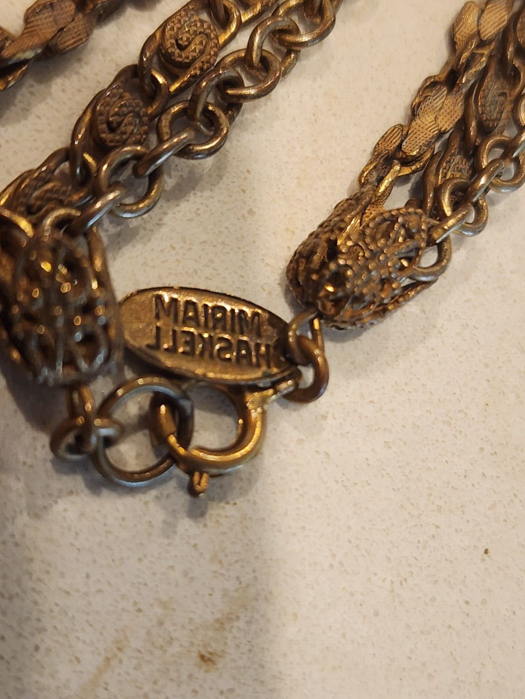 MIRIAM HASKELL European Double Sided Triple Coin Gold Tone Necklace SIGNED