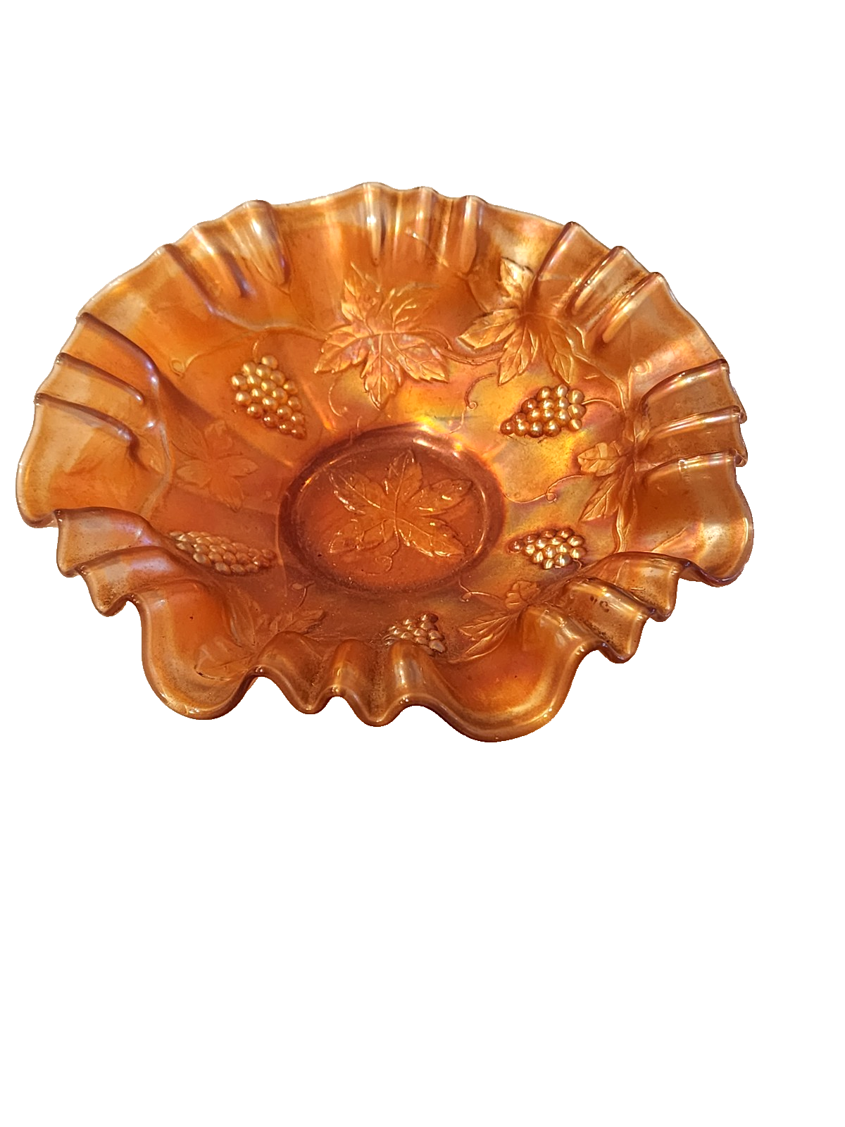 Vintage Fenton 8" Grape Leaves Marigold Carnival Glass Ruffled Edge Bowl