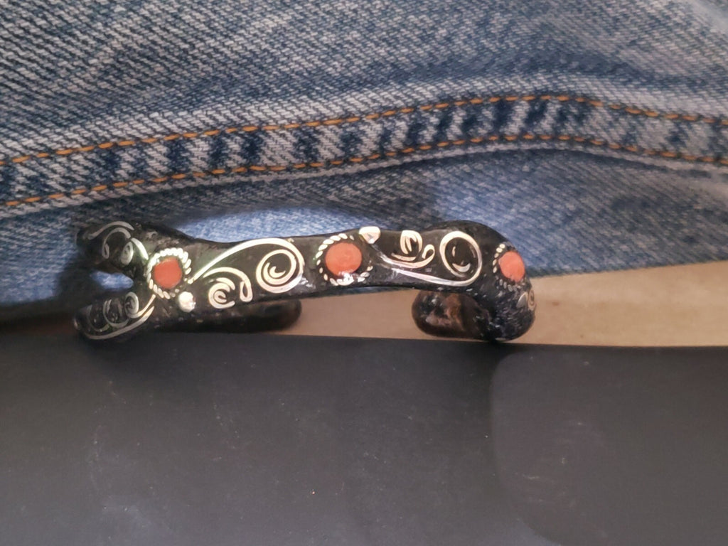 Natural Black Coral Branch Bracelet with Red Coral & Sterling Silver Inlay