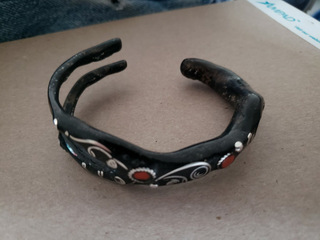 Natural Black Coral Branch Bracelet with Red Coral & Sterling Silver Inlay