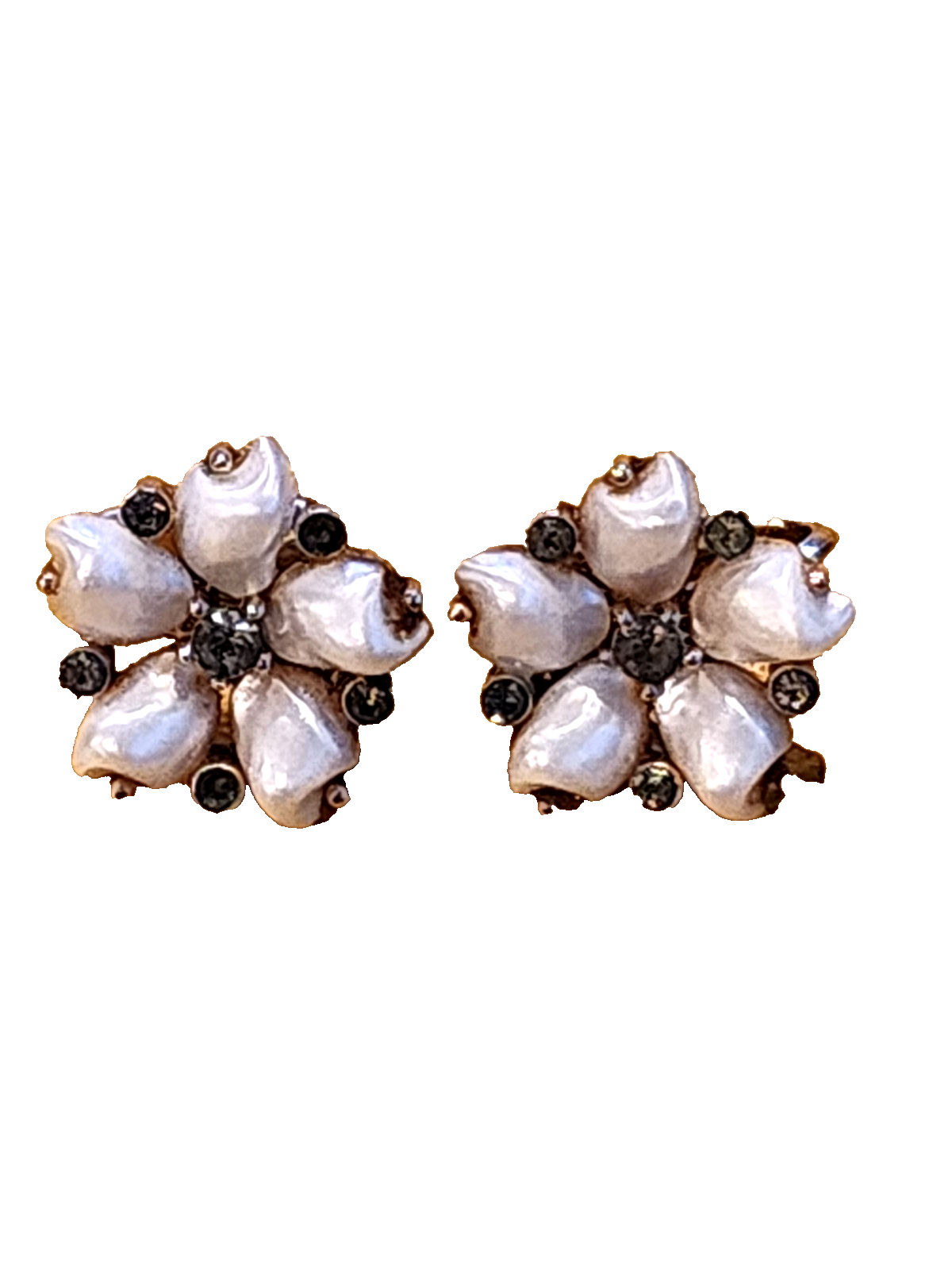 Vintage Crown Trifari Sorrento Baby Tooth Faux Rhinestone Floral Clip Earrings