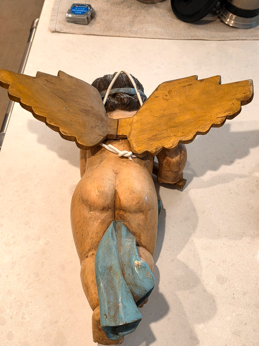 Antique Pair Wood Italian Cherub Putti Sculptures Playing Musical Instruments