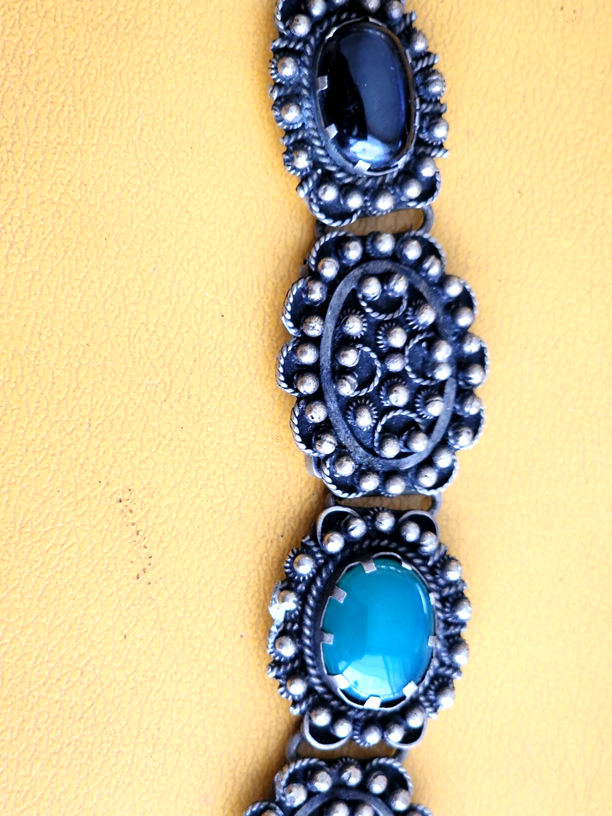 Vintage Sterling Silver Stone Floral Etruscan Links Bracelet