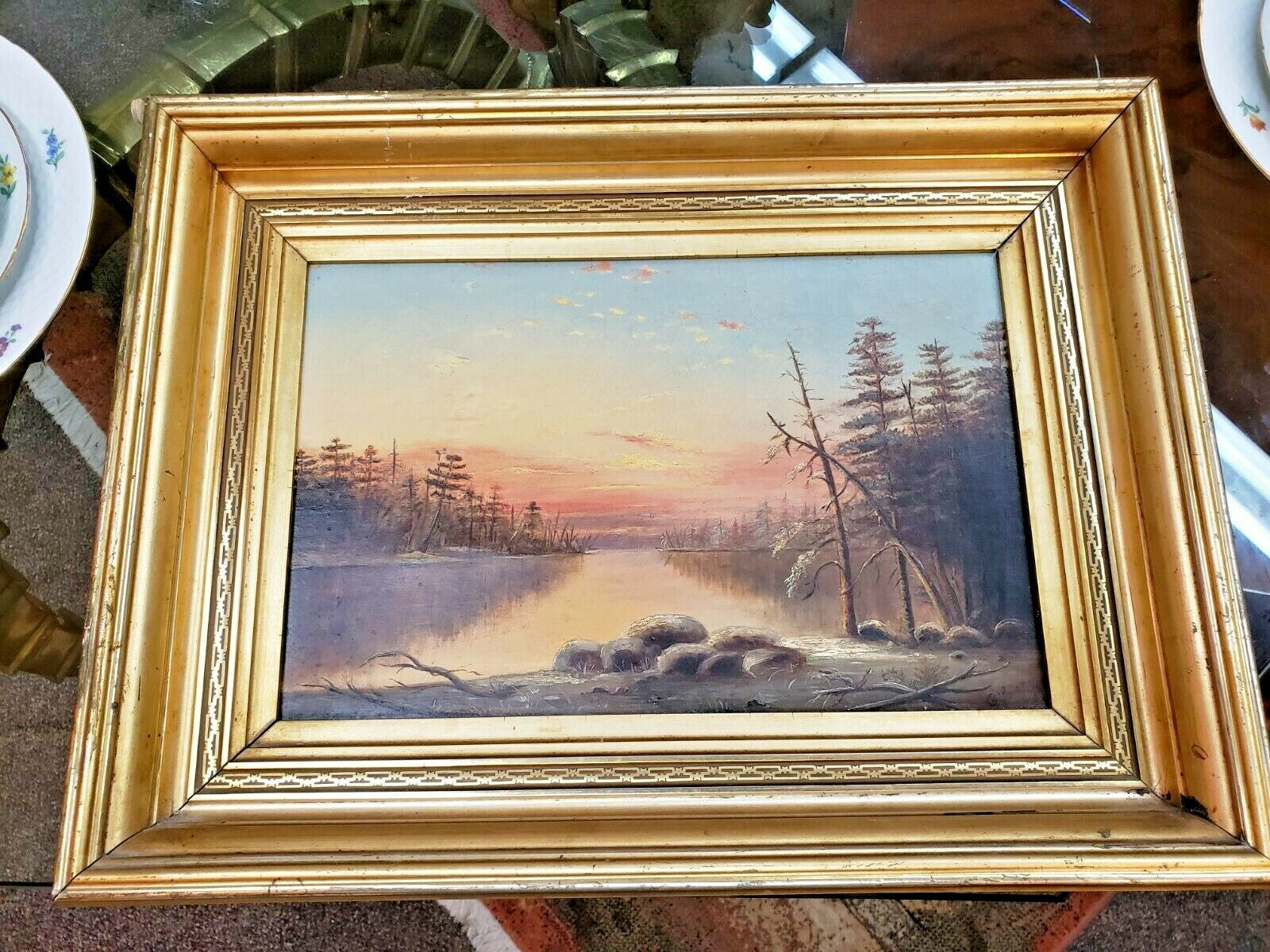 19th Century Sunset Scene O/C Art  16x10 1880s