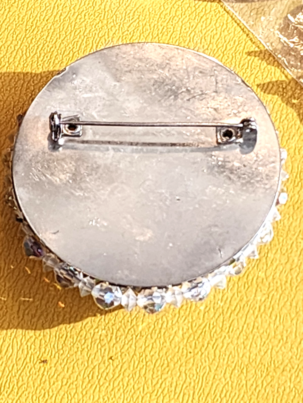 Vintage Large Round Clear Aurora Borealis Rhinestones Silver Tone Pin Brooch