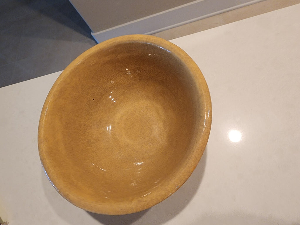 Small 7 1/4" Yellow Ware Mixing Bowl - Stoneware - 4 White Slip Bands