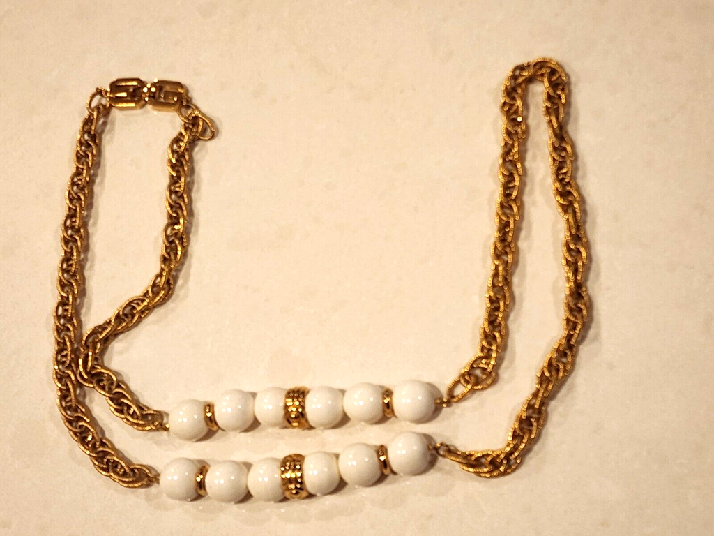 1977 Signed GIVENCHY White Beaded Necklace Gold Tone Chain