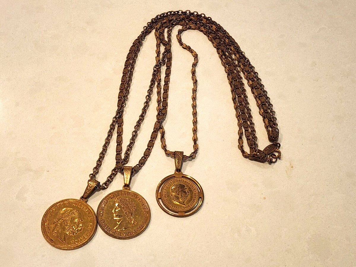 MIRIAM HASKELL European Double Sided Triple Coin Gold Tone Necklace SIGNED
