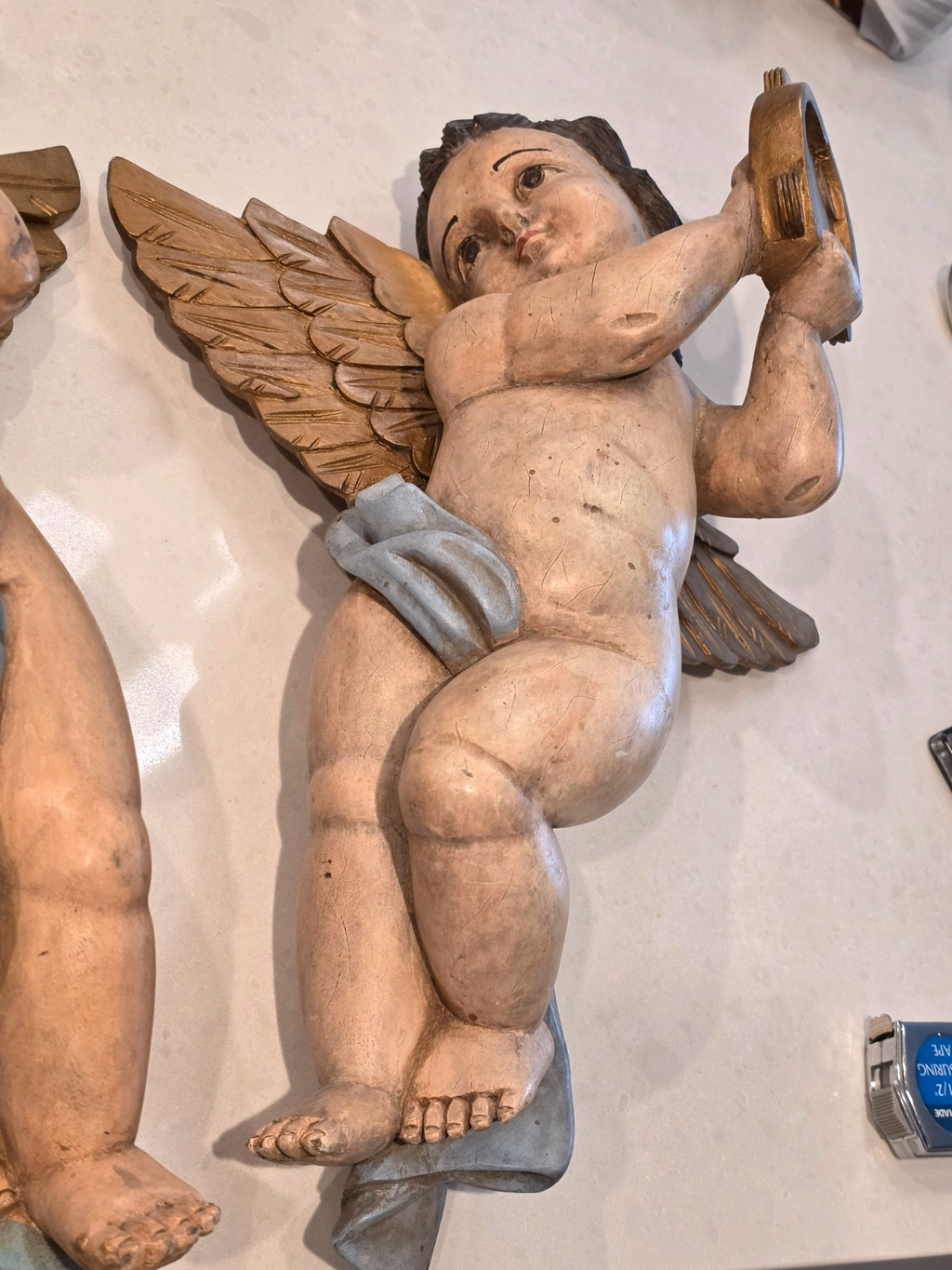 Antique Pair Wood Italian Cherub Putti Sculptures Playing Musical Instruments