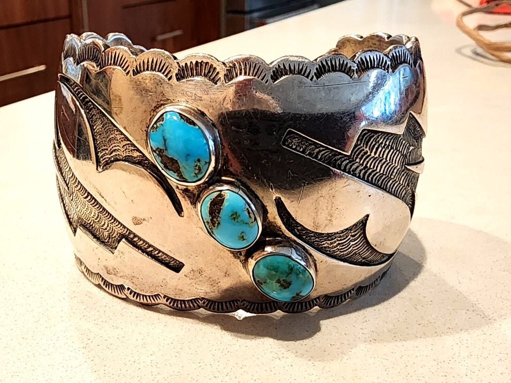 Vintage Huge Sterling Silver Cuff By Johnny Frank Navajo