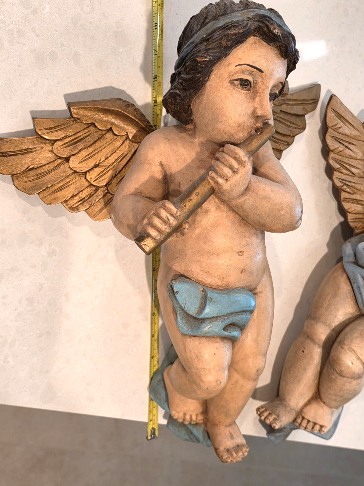 Antique Pair Wood Italian Cherub Putti Sculptures Playing Musical Instruments