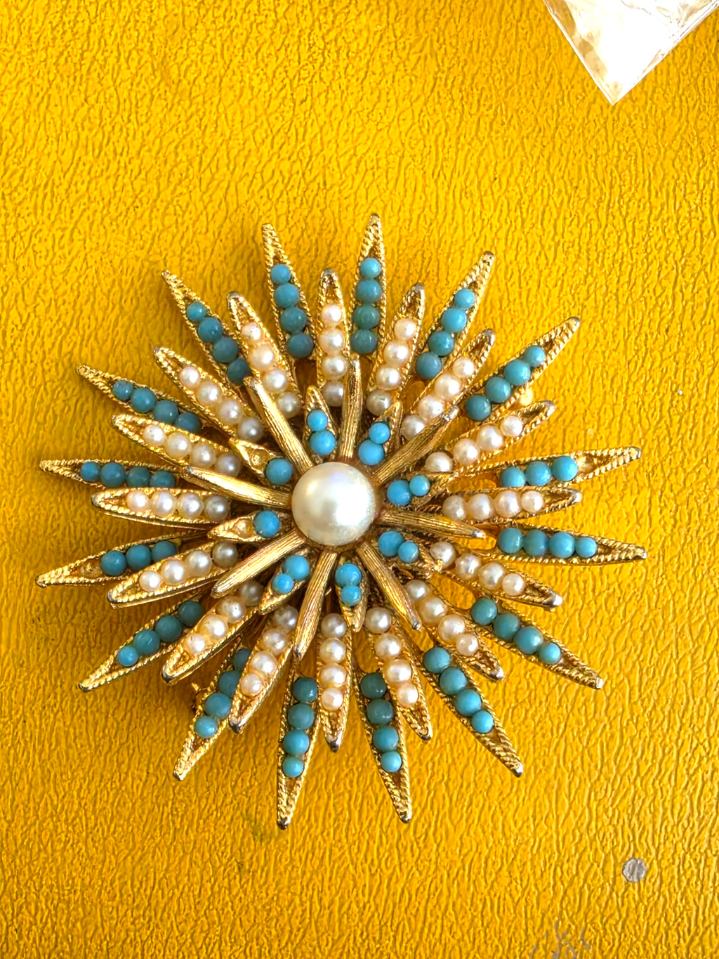Vintage BSK Costume Jewelry Star Gold Tone Faux Turquoise Pearls Brooch Pin
