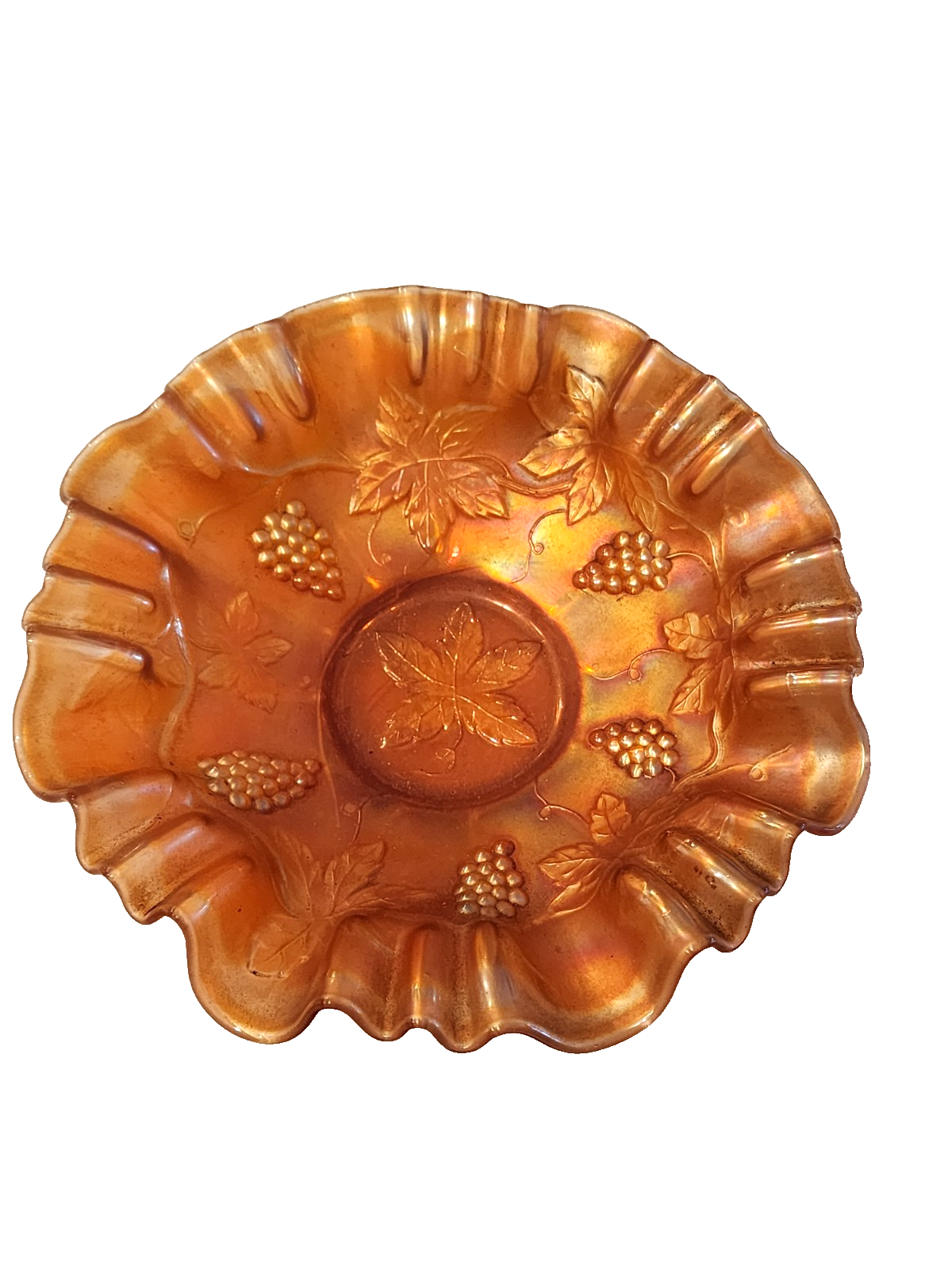 Vintage Fenton 8" Grape Leaves Marigold Carnival Glass Ruffled Edge Bowl