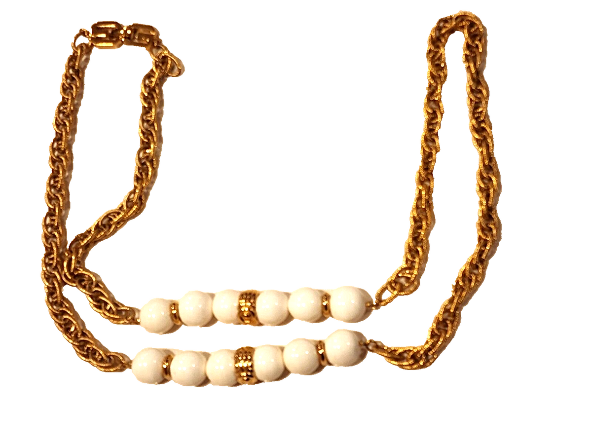 1977 Signed GIVENCHY White Beaded Necklace Gold Tone Chain