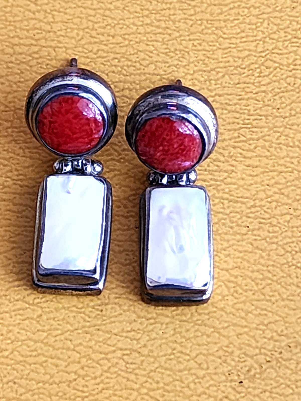 Sterling Silver Coral & Mother Of Pearl Earrings