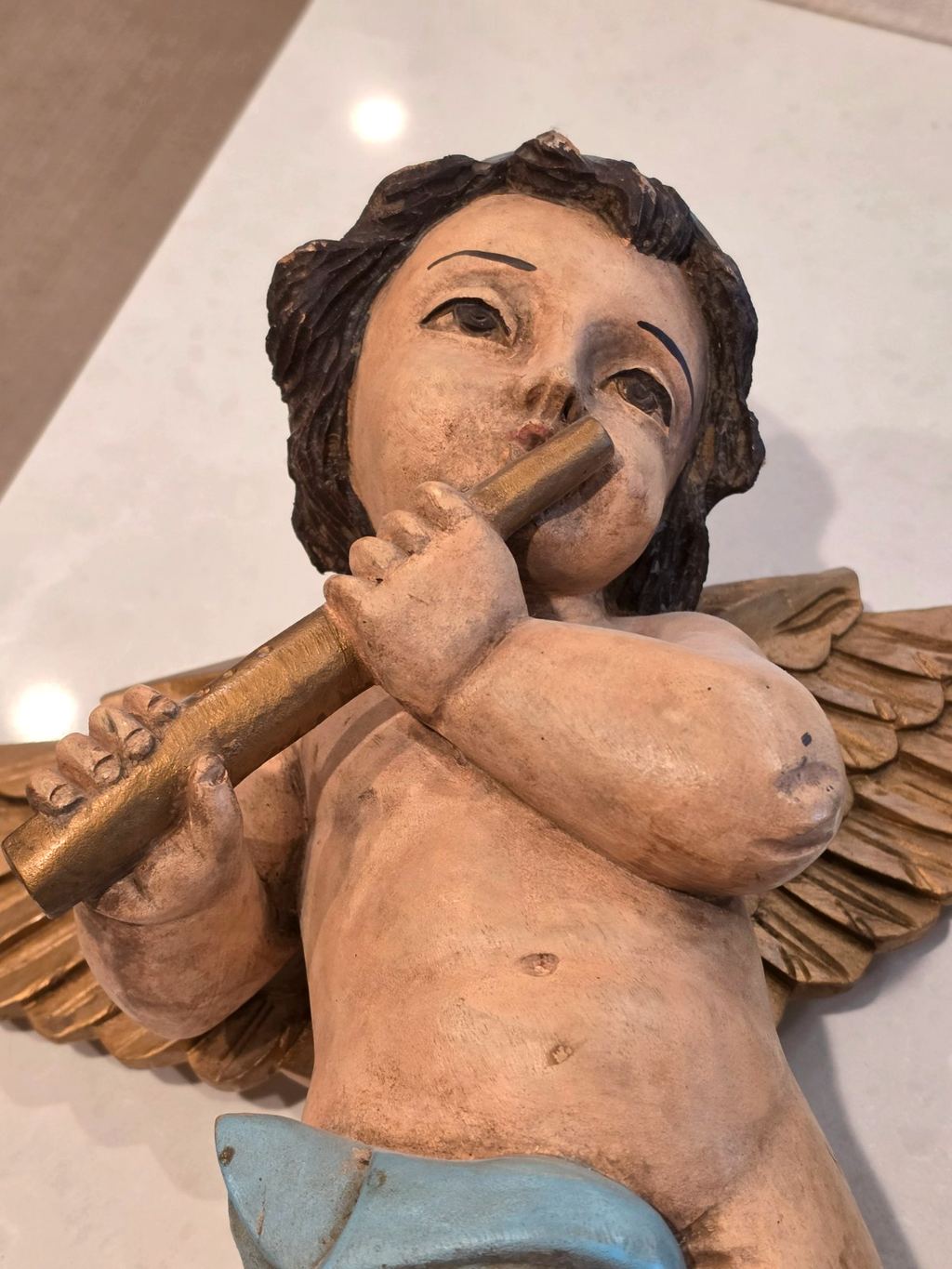Antique Pair Wood Italian Cherub Putti Sculptures Playing Musical Instruments