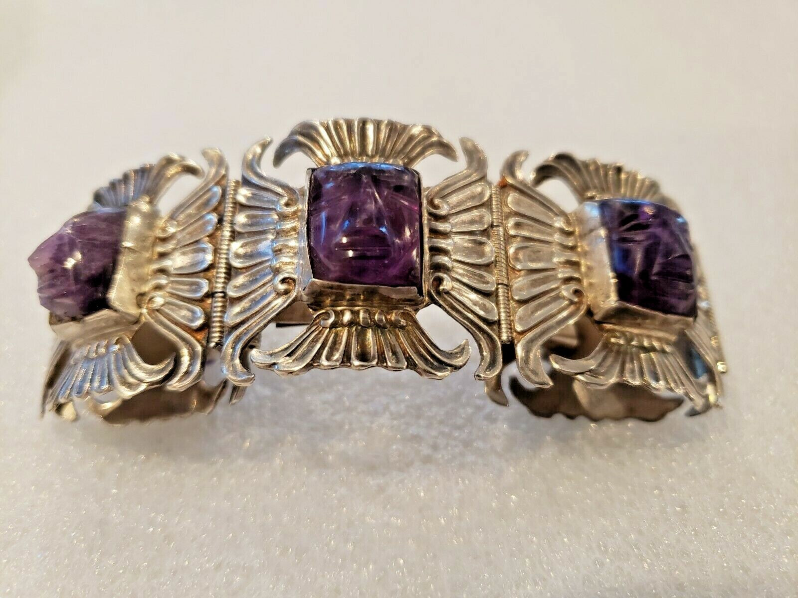 Beautiful 1940s Mexico Sterling and Amythyst in Faces Bracelet