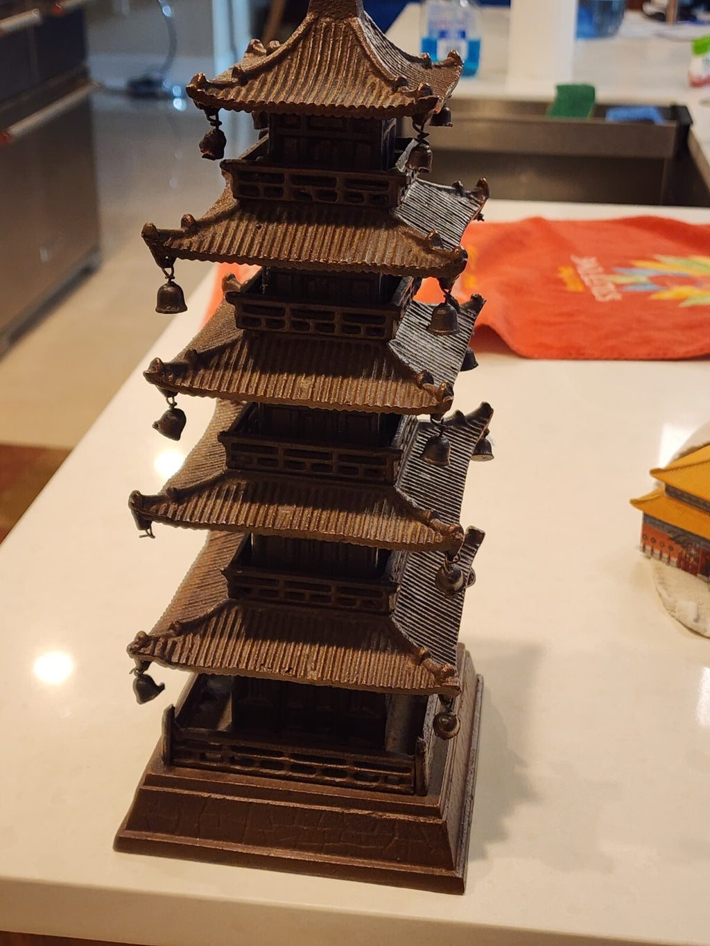 9" Old Chinese Bronze 5 layer Yellow Crane Tower House Attic Statue
