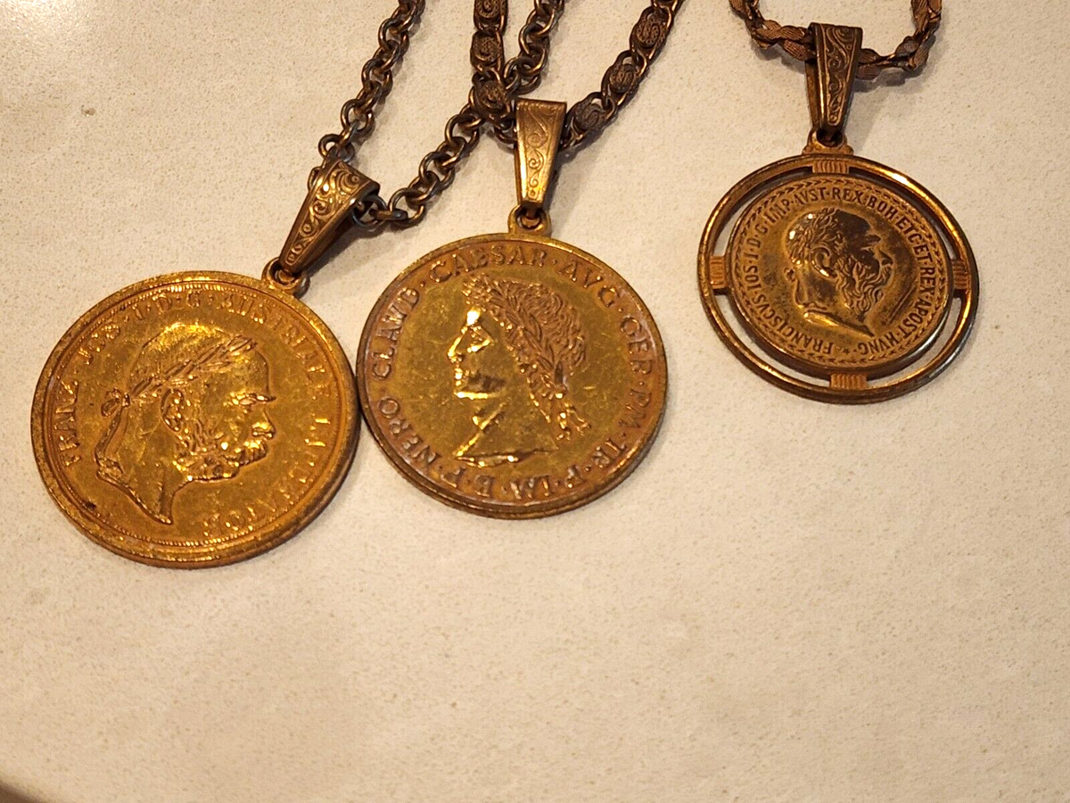MIRIAM HASKELL European Double Sided Triple Coin Gold Tone Necklace SIGNED