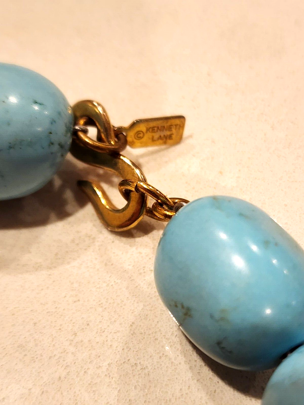 Kenneth Jay Lane Large 20" Turquoise Beads Necklace Hand knotted Sky Blue