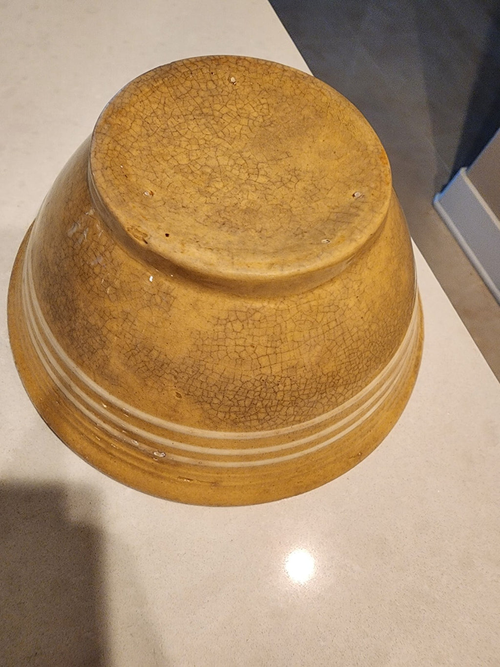 Small 7 1/4" Yellow Ware Mixing Bowl - Stoneware - 4 White Slip Bands