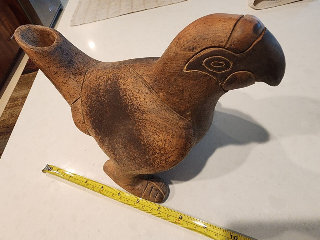 Vintage Terra Cotta Bird Art Pottery Vessel Vase Primitive Signed Mexico 1974