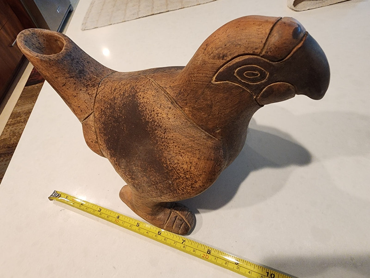 Vintage Terra Cotta Bird Art Pottery Vessel Vase Primitive Signed Mexico 1974