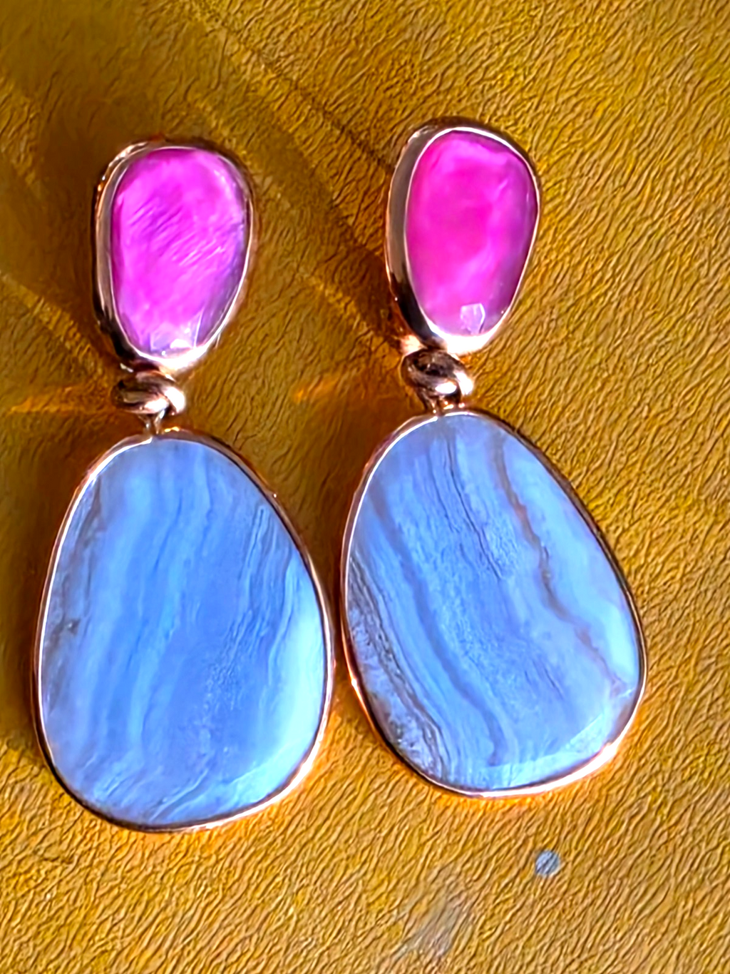 Beautiful Blue Lace Agate Drop Earrings w/ Goldtone Trim  2 5/8" long
