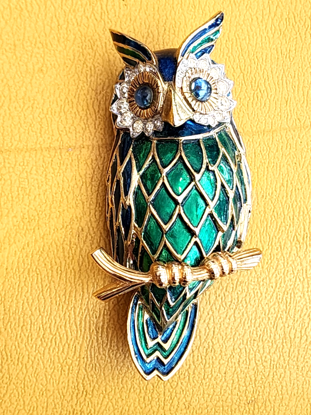 Jomaz Owl Brooch- Enamel - Green - Blue - Gold -Rhinestones 3” long, VERY COOL