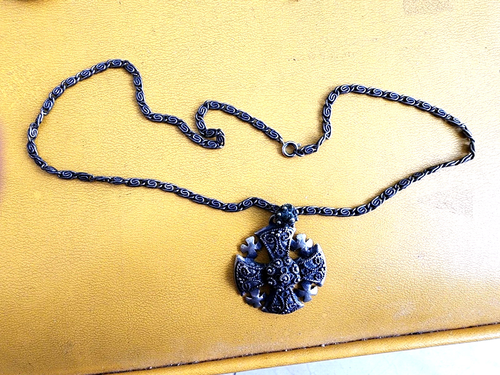 VIntage Sterling Silver Ornate Bethlehem Cross Pendant With Handmade Cross Chain