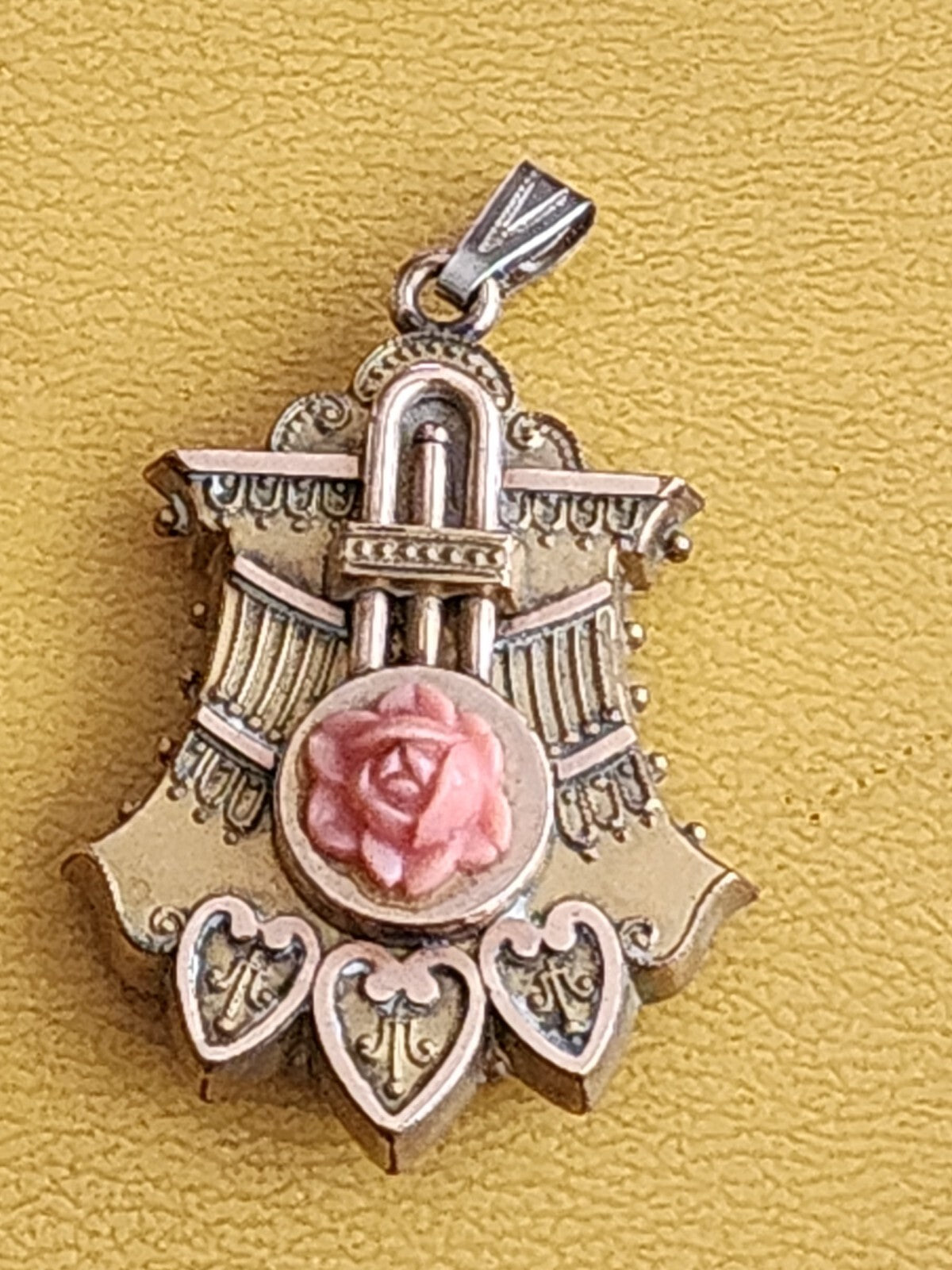 Antique Coral Rose Locket Goldplate Rare Wedding Rose Flower Pendant