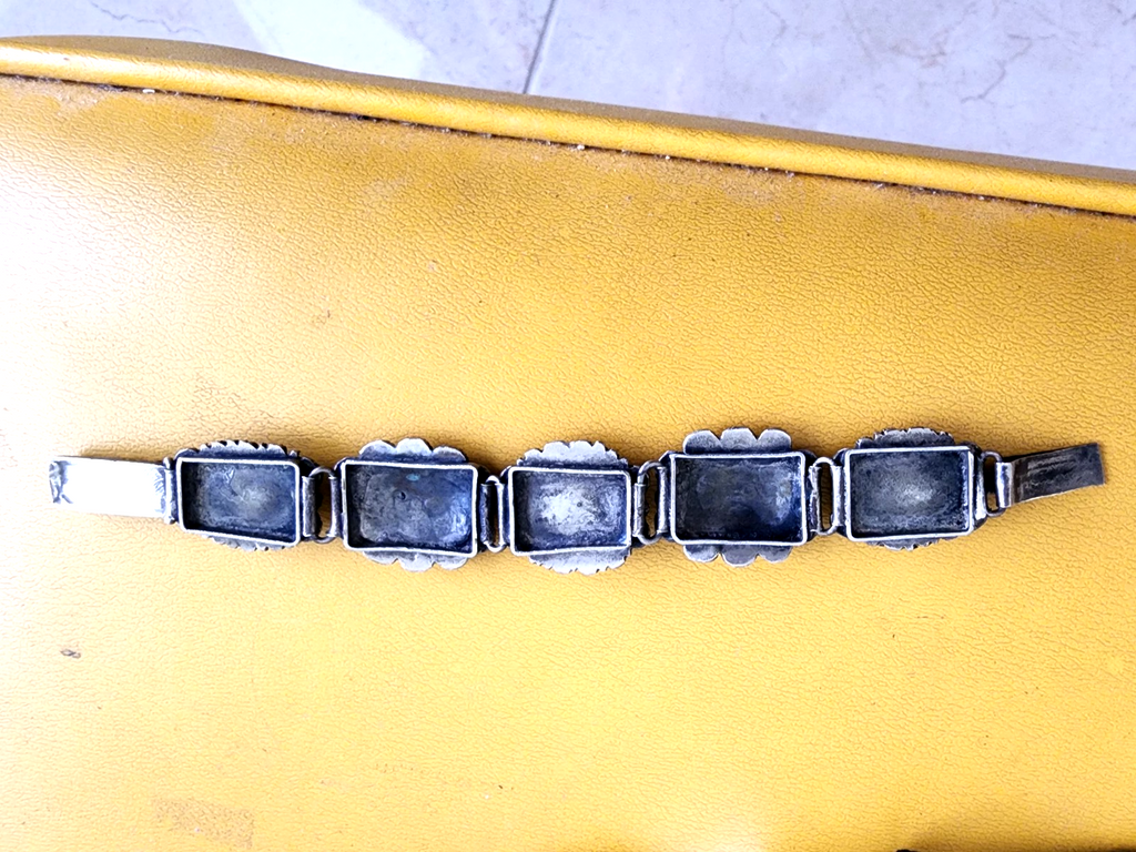 Vintage Sterling Silver Stone Floral Etruscan Links Bracelet