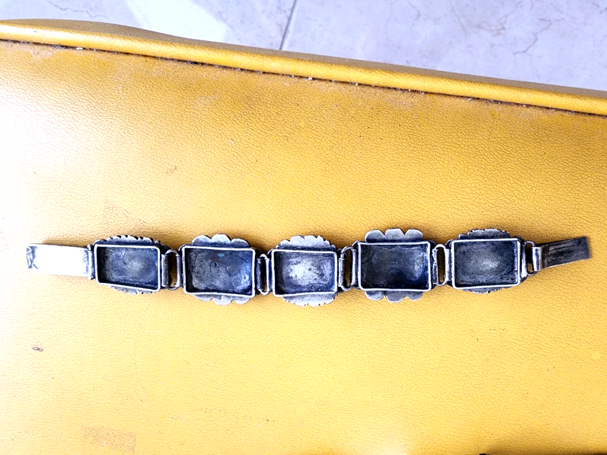 Vintage Sterling Silver Stone Floral Etruscan Links Bracelet