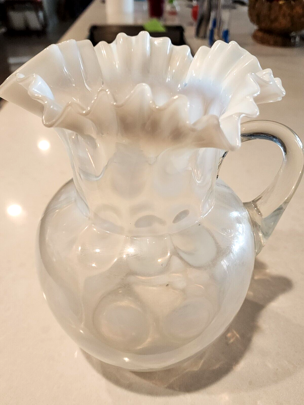 Vintage Fenton Coin Dot Opalescent Pitcher 9.5”