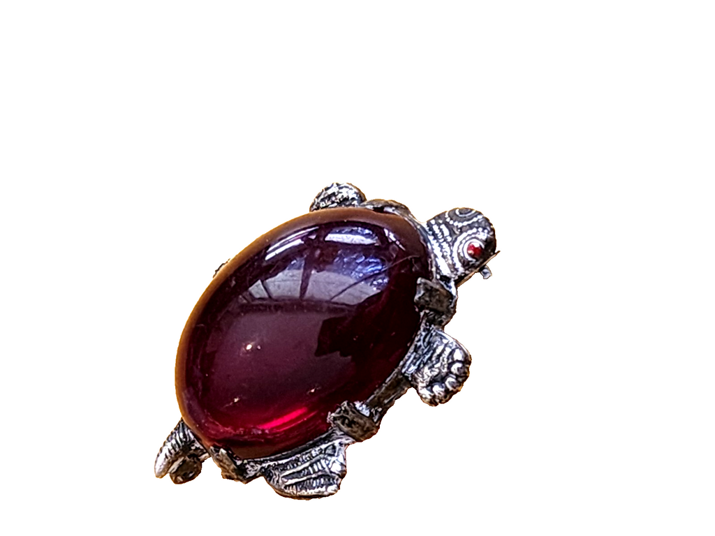 Vintage Turtle RED JELLY BELLY Lucite with Red Eyes Brass Tone Brooch Pin - 1" L