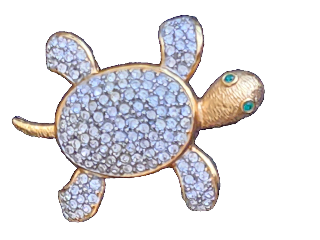 VTG Joan Rivers Turtle Brooch Pin Rhinestone Pave Crystal With Green Eyes
