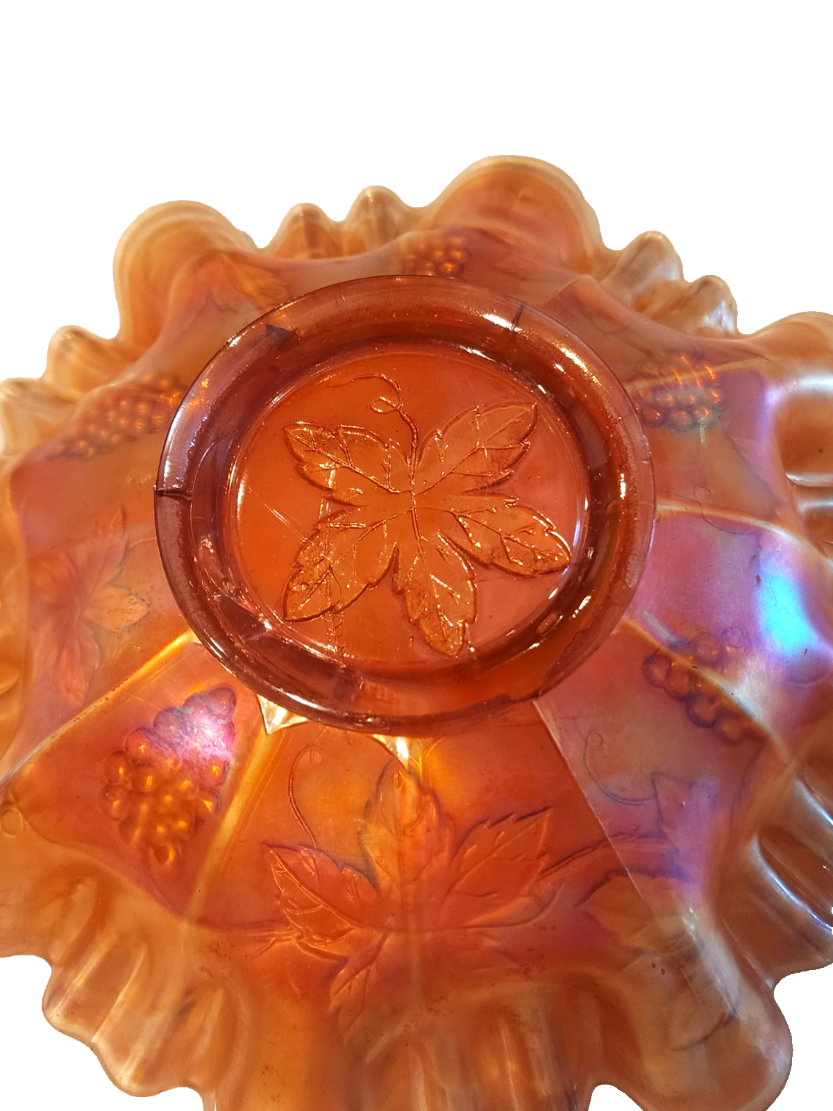 Vintage Fenton 8" Grape Leaves Marigold Carnival Glass Ruffled Edge Bowl