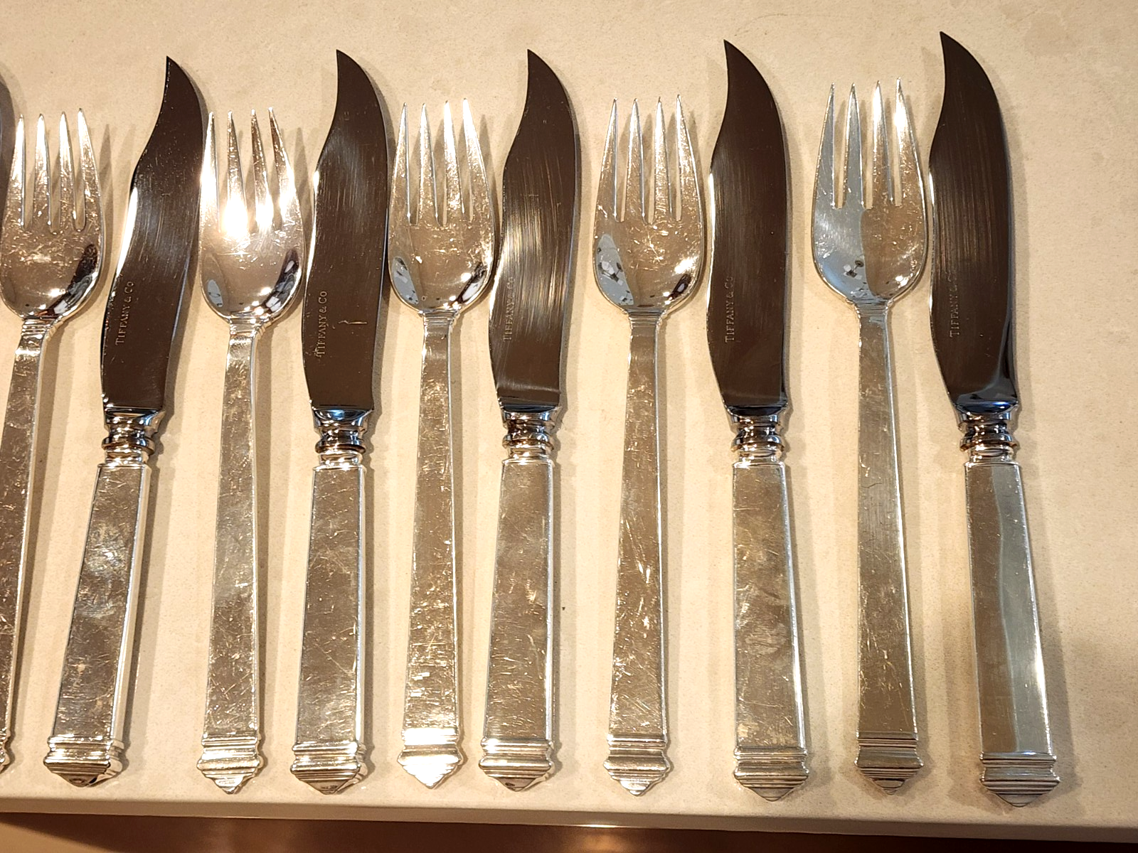 Tiffany and Co Sterling Silver Hamilton Fish Fork & Knife Set of 16 pcs