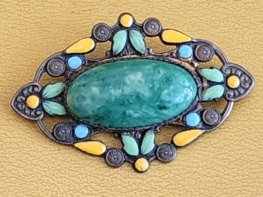ANTIQUE EDWARDIAN BLUE & YELLOW ENAMEL PASTE EARLY PLASTIC BRASS BROOCH 2.5”