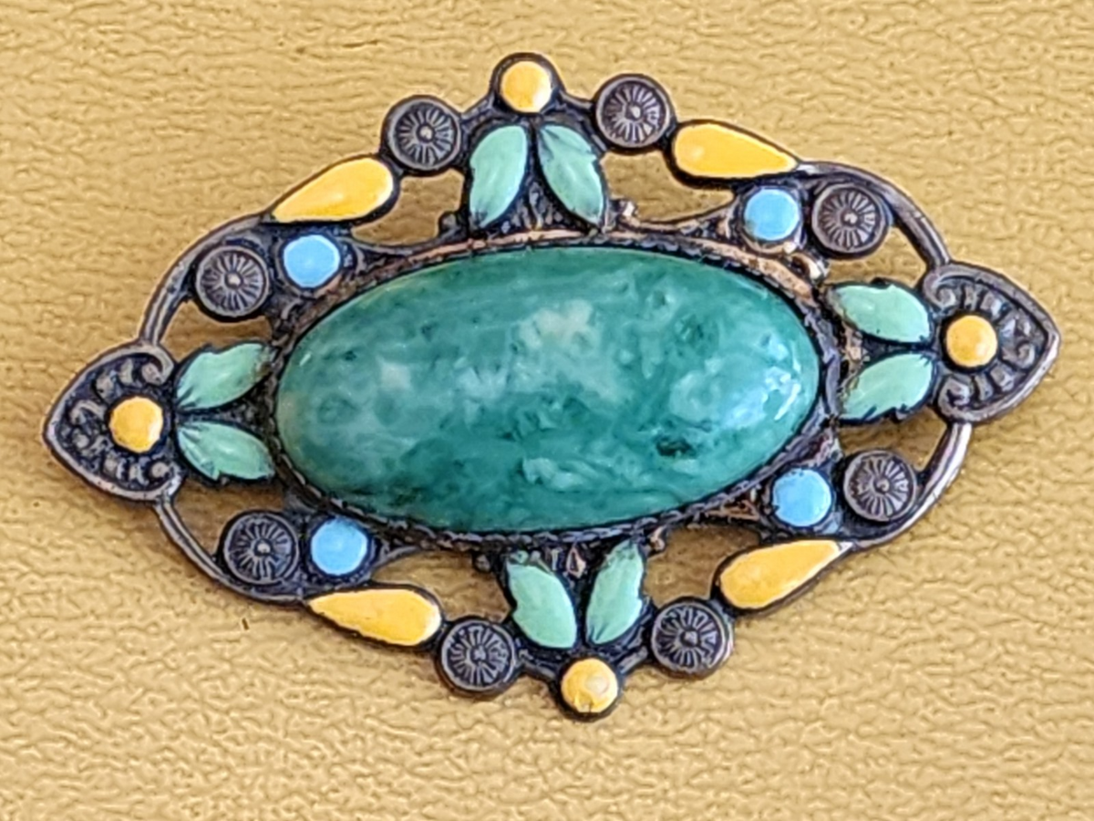 ANTIQUE EDWARDIAN BLUE & YELLOW ENAMEL PASTE EARLY PLASTIC BRASS BROOCH 2.5”
