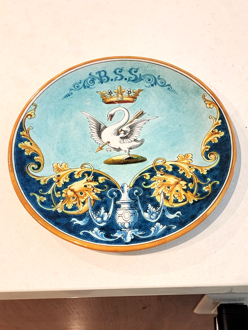 ANTIQUE FRENCH PLATE ULYSSE BLOIS FAIENCE SWAN EMILE BALON POTTERY