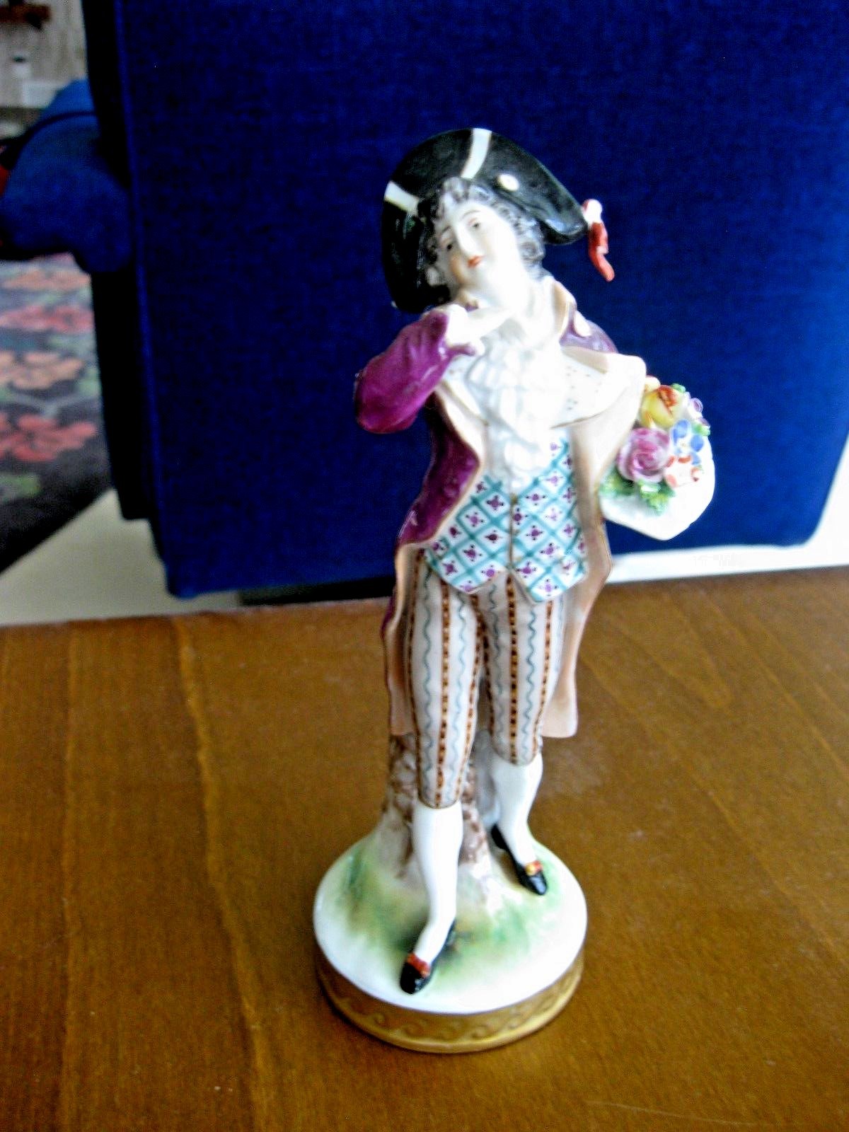 Antique German Porcelain Man Figurine Holding Bouquet of Flowers