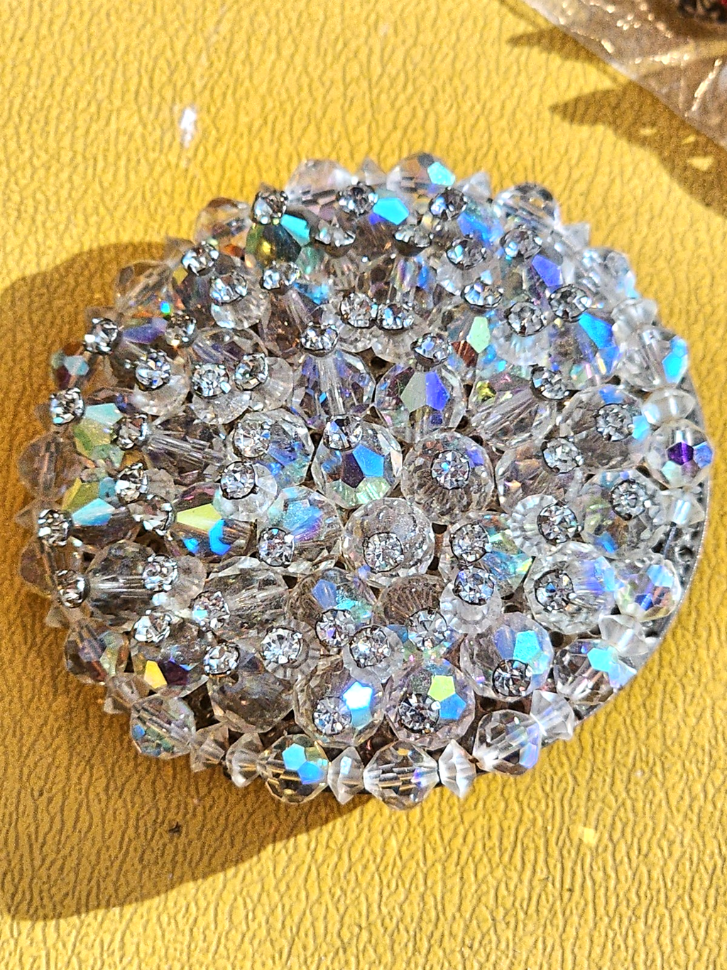 Vintage Large Round Clear Aurora Borealis Rhinestones Silver Tone Pin Brooch