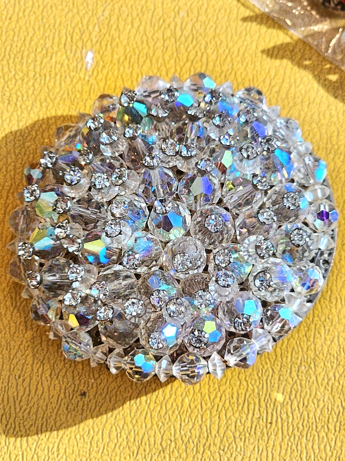 Vintage Large Round Clear Aurora Borealis Rhinestones Silver Tone Pin Brooch