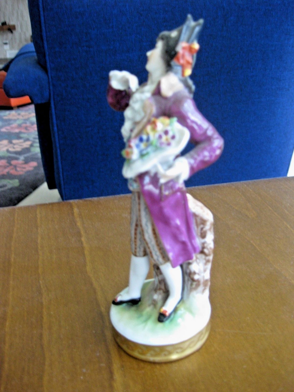 Antique German Porcelain Man Figurine Holding Bouquet of Flowers