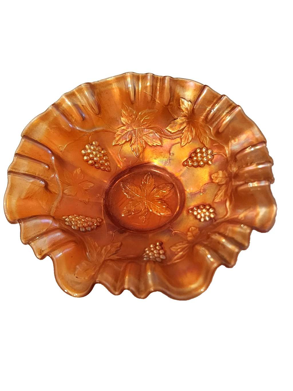 Vintage Fenton 8" Grape Leaves Marigold Carnival Glass Ruffled Edge Bowl