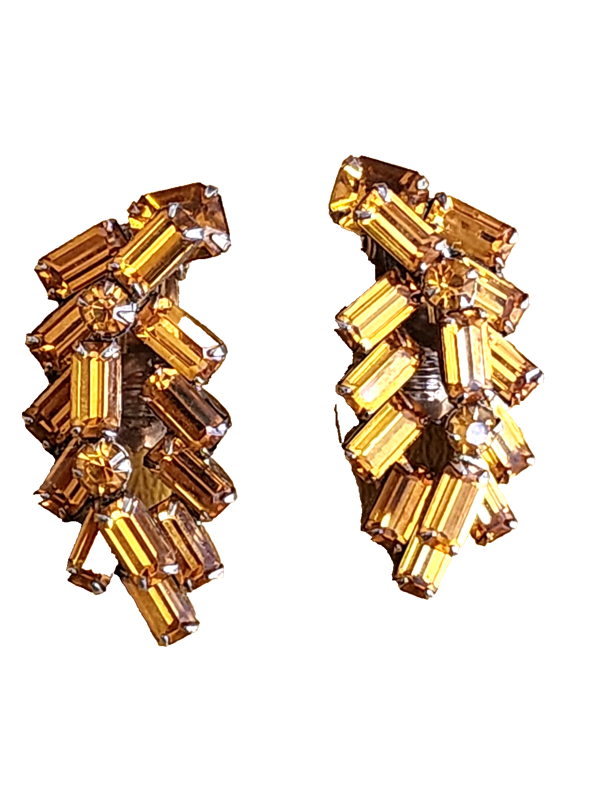 Vintage Earrings SHERMAN STYLE Crescent Baguette Topaz Color Crystals