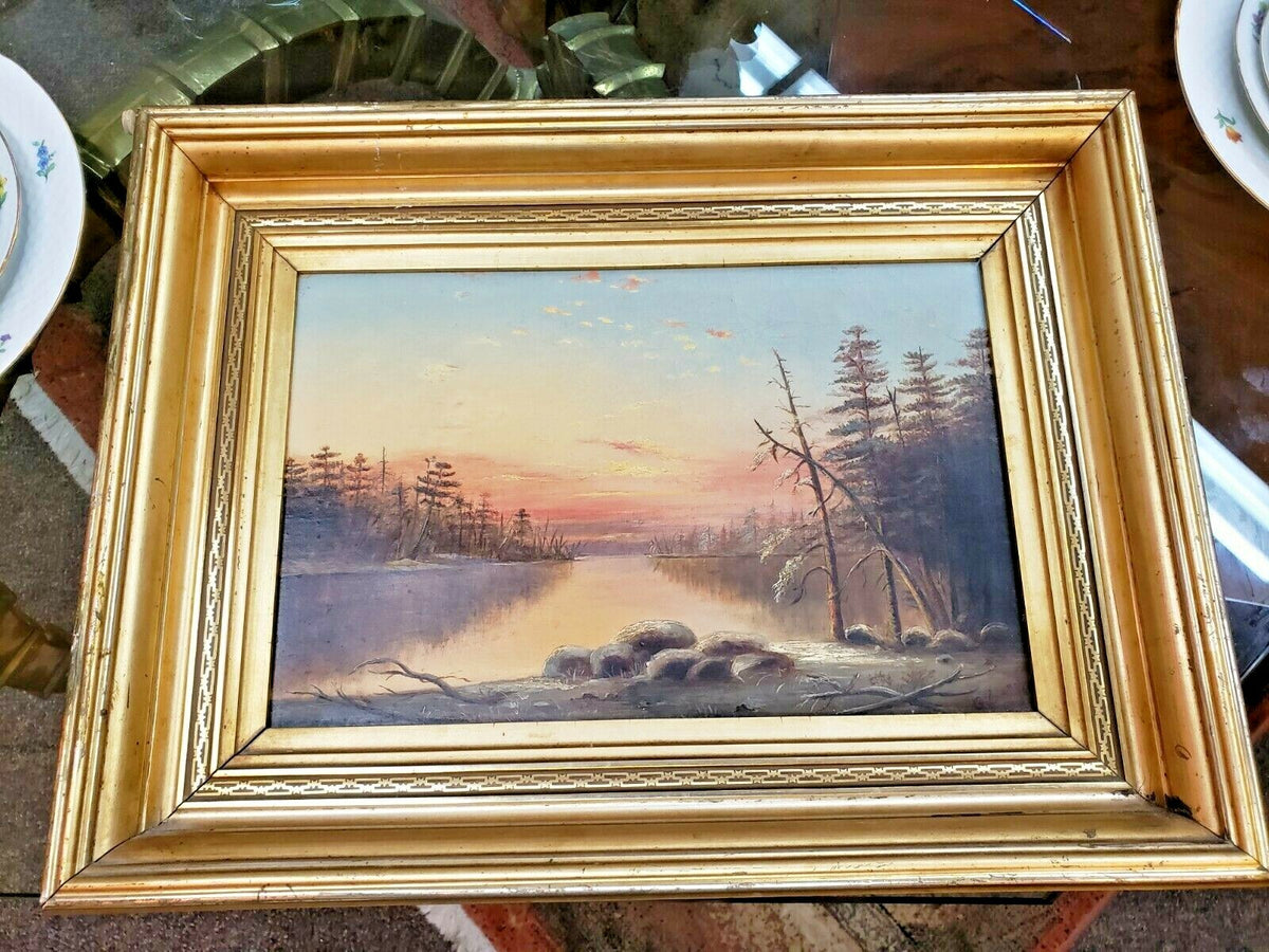 19th Century Sunset Scene O/C Art  16x10 1880s