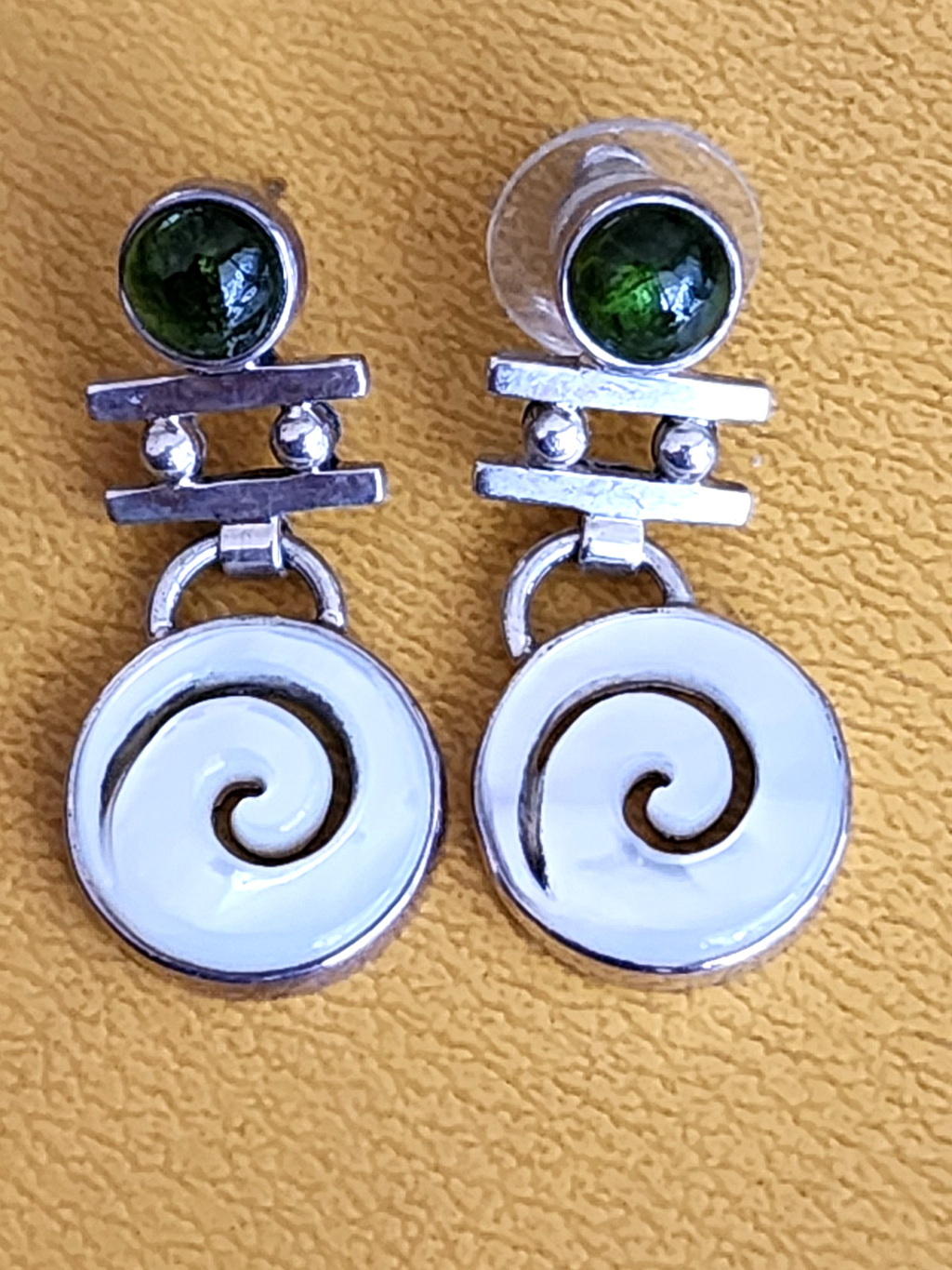 Silver Peridot Green Swirl Dangle Pushback Earrings