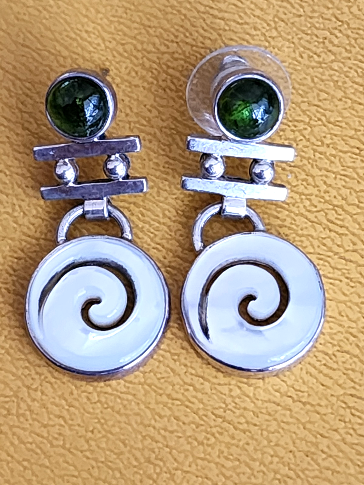 Silver Peridot Green Swirl Dangle Pushback Earrings